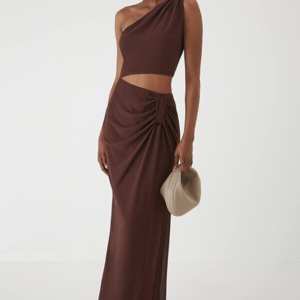 Womens Asymmetric Shoulder Cut Out Ruched Maxi Dress - chocolate - 16, Chocolate