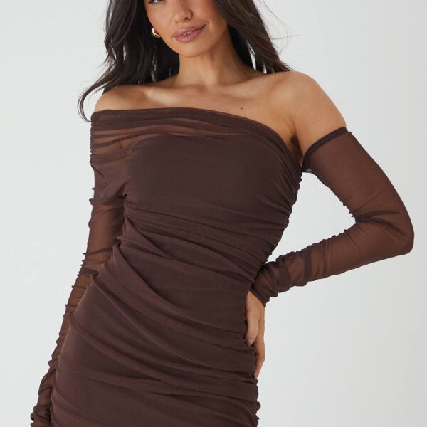 Womens Ruched Mesh Off Shoulder Mini Dress - chocolate - 8, Chocolate