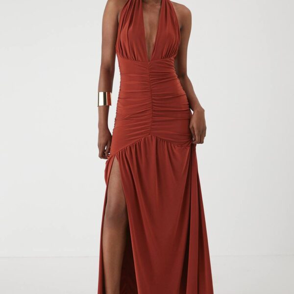 Womens Halter Neck Plunge Ruched High Split Maxi Dress - rust - 8, Rust