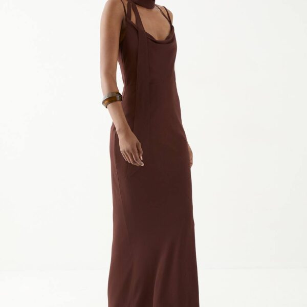 Womens Halter Neck Chiffon Scarf Maxi Dress - chocolate - 16, Chocolate