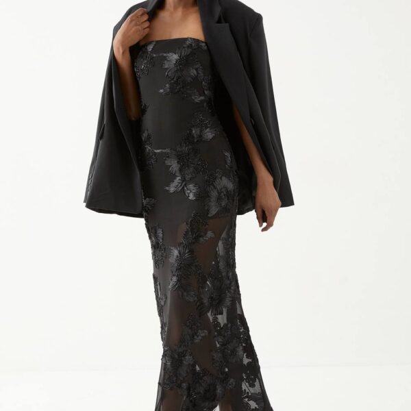 Womens Floral Textured Bandeau Maxi Dress - black - 14, Black