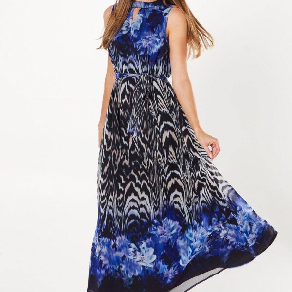 Womens Chiffon Floral Border Keyhole Belted Maxi Dress