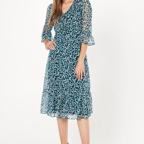 Womens Green Leopard Midi Tea Dress