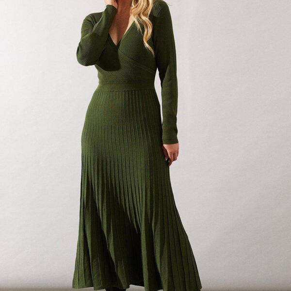 Womens Pleated Skirt Wrap Detail Knitted Midi Dress