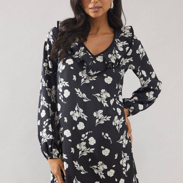 Womens Mono Floral Contrast Frill Shift Dress