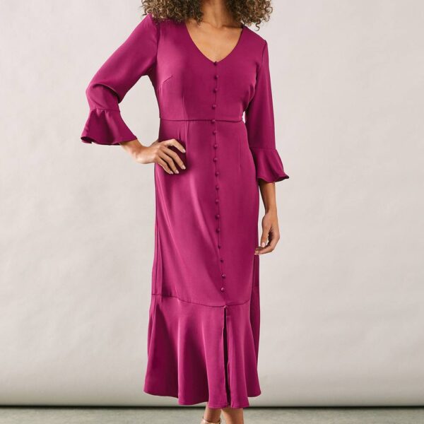 Womens Occasion Button Flare Sleeve Midi Dress