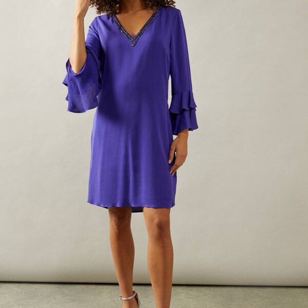 Womens Occasion Embellished Ruffle Shift Dress