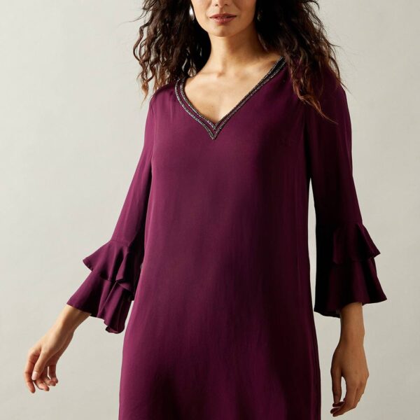 Womens Occasion Embellished Ruffle Shift Dress