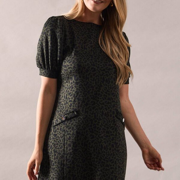 Womens Tall Khaki Short Sleeve Jacquard Ponte Shift Dress
