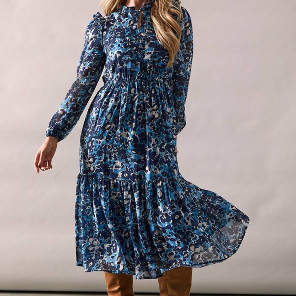 Womens Blue Animal Print Tie Neck Tiered Midi Dress