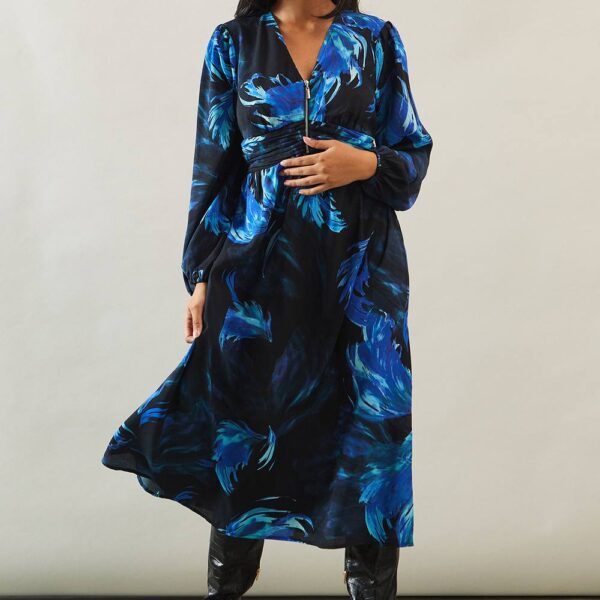 Womens Petite Abstract Floral Seam Waist Midi Dress