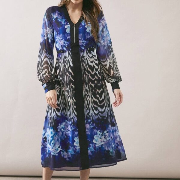 Womens Zip Front Floral Border Chiffon Midi Dress