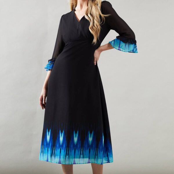 Womens Ombre Print Flute Sleeve Chiffon Midi Dress