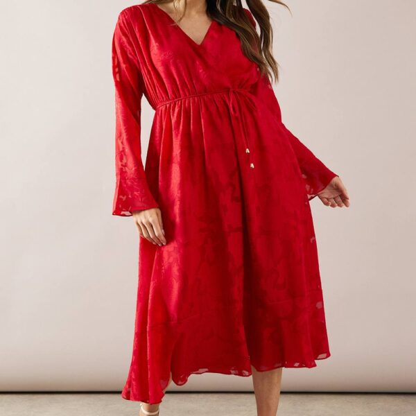 Womens Floral Jacquard Flute Sleeve Midi Dress