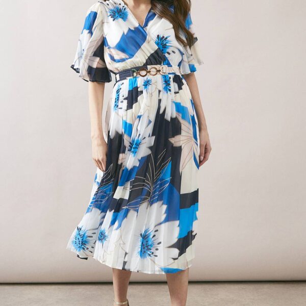 Womens Floral Pleated Buckle Chiffon Midi Dress