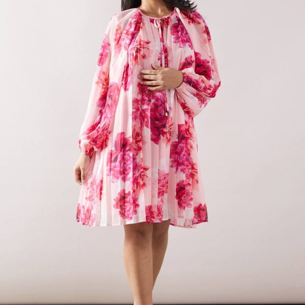 Womens Petite Floral Pleated Swing Dress