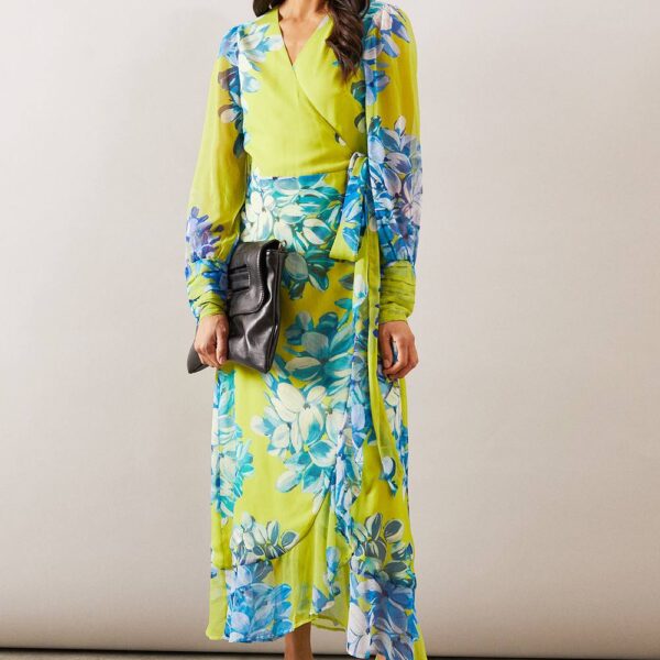 Womens Floral Ruffle Wrap Maxi Dress