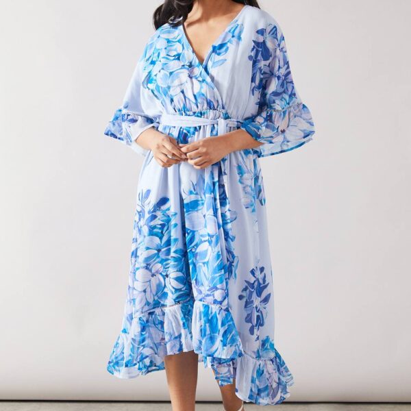 Womens Petite Occasion Floral Belted Chiffon Midi Dress