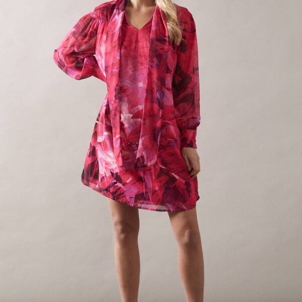Womens Petite Chiffon Floral Tie Neck Shift Dress