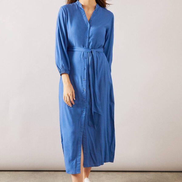 Womens Blue High - Low Hem Button Through Dress