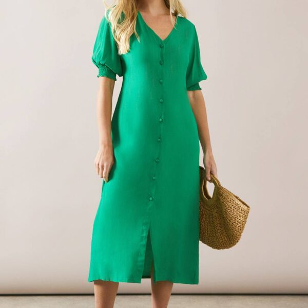 Womens Petite Green Button Through Viscose Midi Dress