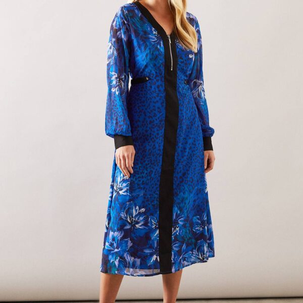 Womens Petite Zip Front Floral Border Chiffon Midi Dress