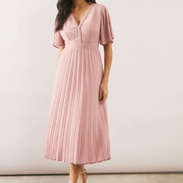 Womens Chiffon Pleated Sleeve Midi Dress