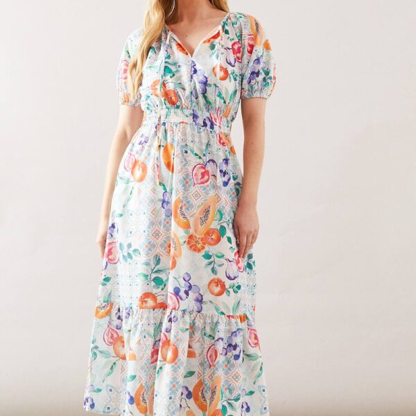 Womens Fruit Print Puff Sleeve Tiered Midaxi Dress