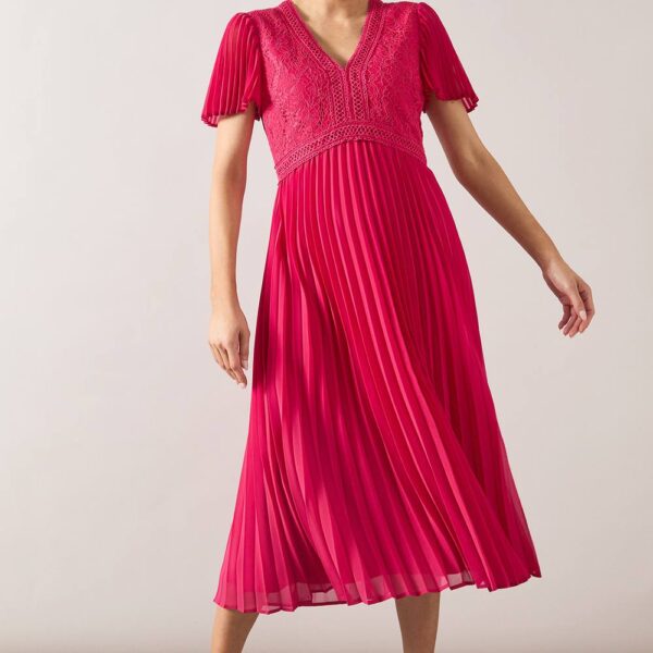 Womens Lace Pleated Sleeve Midi Dress