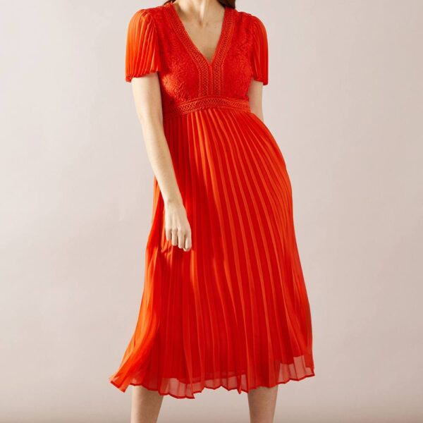 Womens Lace Pleated Sleeve Midi Dress