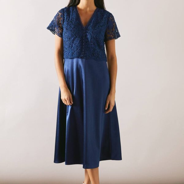 Womens Lace Overlay Full Skirt Midi Dress