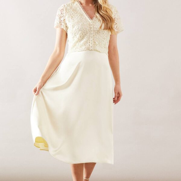 Womens Lace Overlay Full Skirt Midi Dress