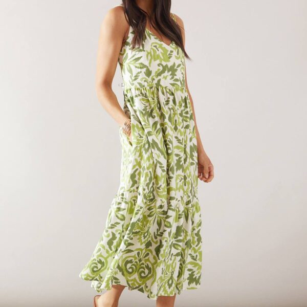 Womens Ikat Print Strappy Tiered Midi Dress