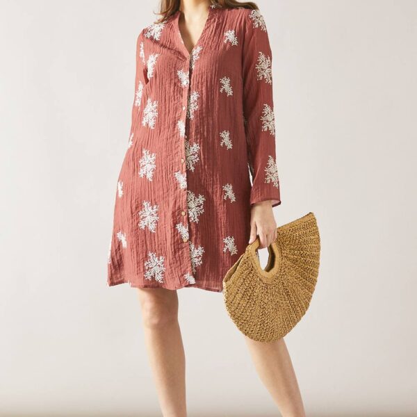 Womens Embroidered Collarless Shift Dress