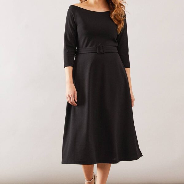 Womens Crepe Off The Shoulder Belted Midi Dress