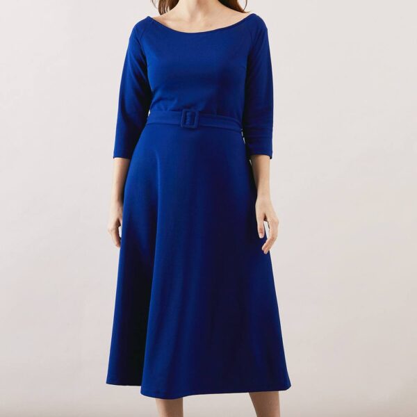 Womens Crepe Off The Shoulder Belted Midi Dress