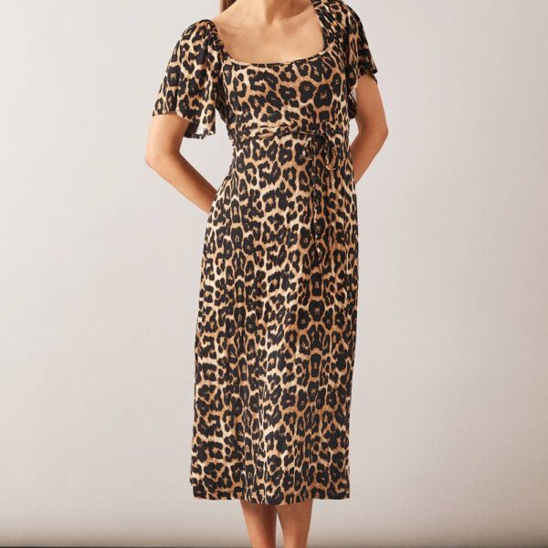 Womens Leopard Split Sleeve Viscose Jersey Midi Dress