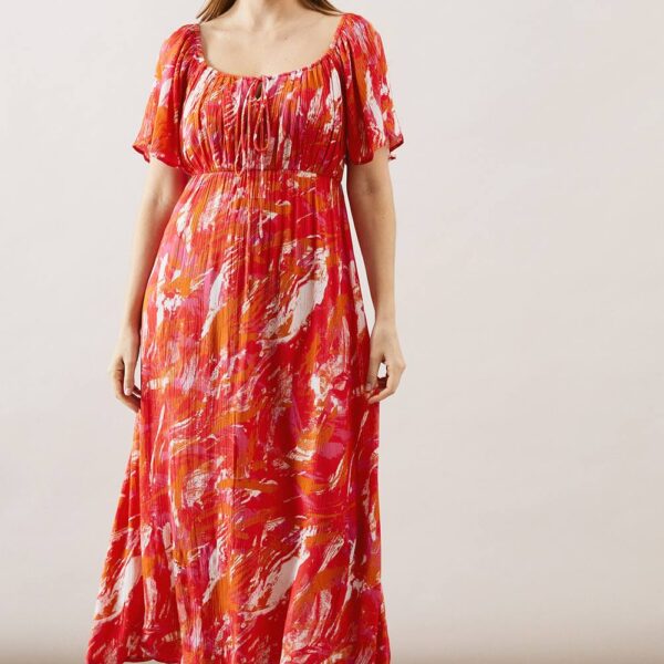 Womens Abstract Crinkle Viscose Tie Front Midaxi Dress