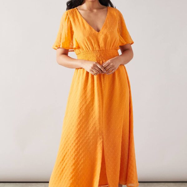 Womens Petite Dobby Shirred Waist Midi Dress