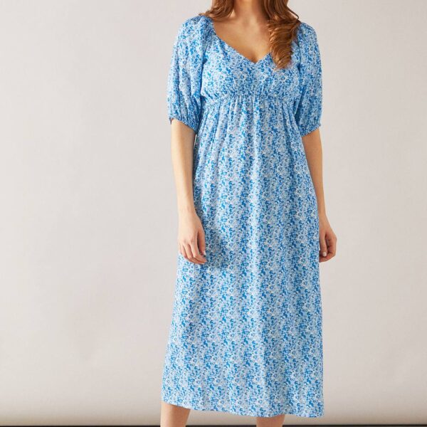 Womens Chiffon Floral Puff Sleeve Midi Dress
