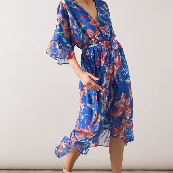 Womens Floral Drop Hem Frill Midi Dress