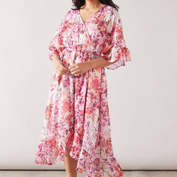 Womens Petite Mixed Floral Drop Hem Frill Midi Dress