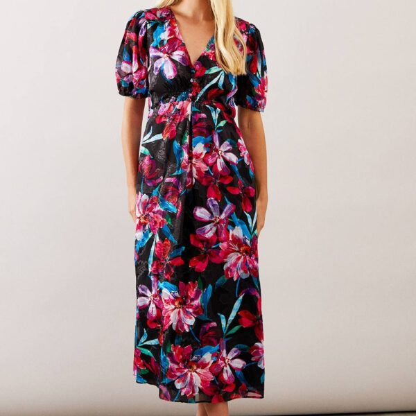 Womens Petite Floral Print Button Through Midi Dress