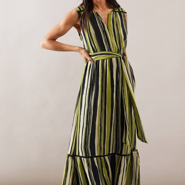 Womens Stripe Tiered Sleeveless Maxi Dress