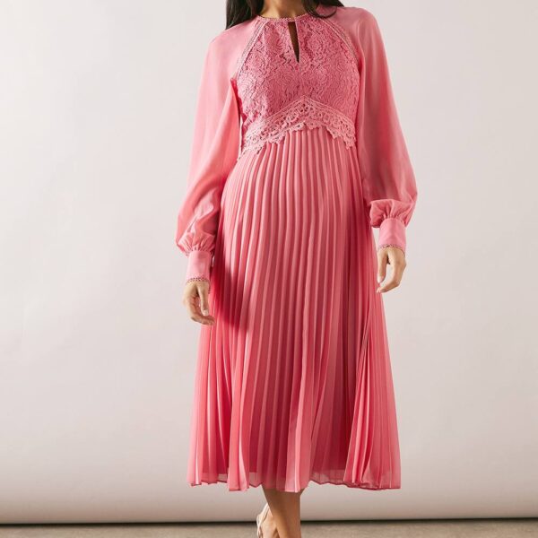 Womens Occasion Lace Insert Pleated Midi Dress