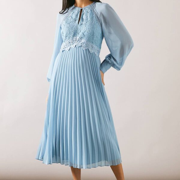 Womens Occasion Lace Insert Pleated Midi Dress
