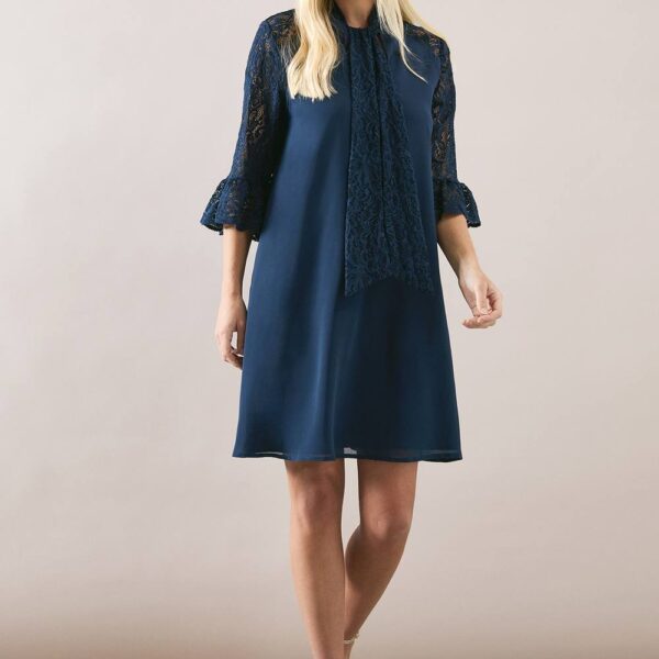 Womens Petite Lace Detail Tie Neck Shift Dress