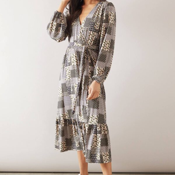 Womens Abstract Jersey Long Sleeve Belted Midi Dress