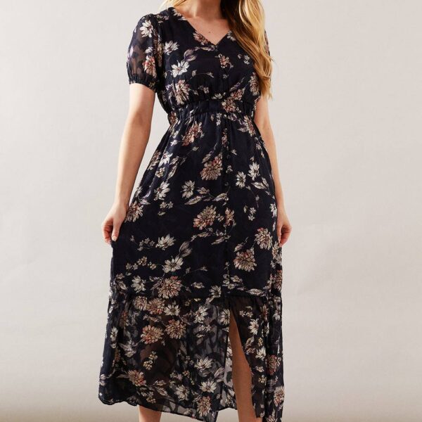 Womens Floral Jacquard Button Up Midi Dress