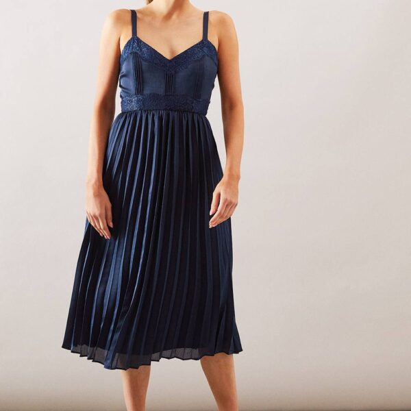 Womens Lace Trim Pleated Strappy Midi Dress